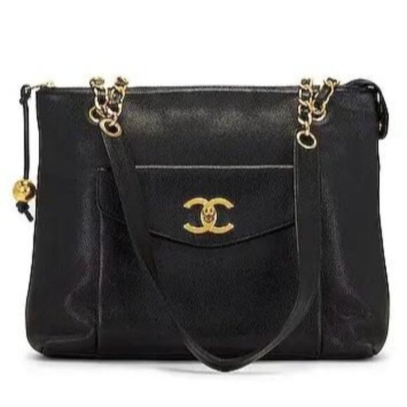 Authentic Vintage CHANEL Black Caviar Leather CC Logo Turn Lock Chain St… - Picture 1 of 17